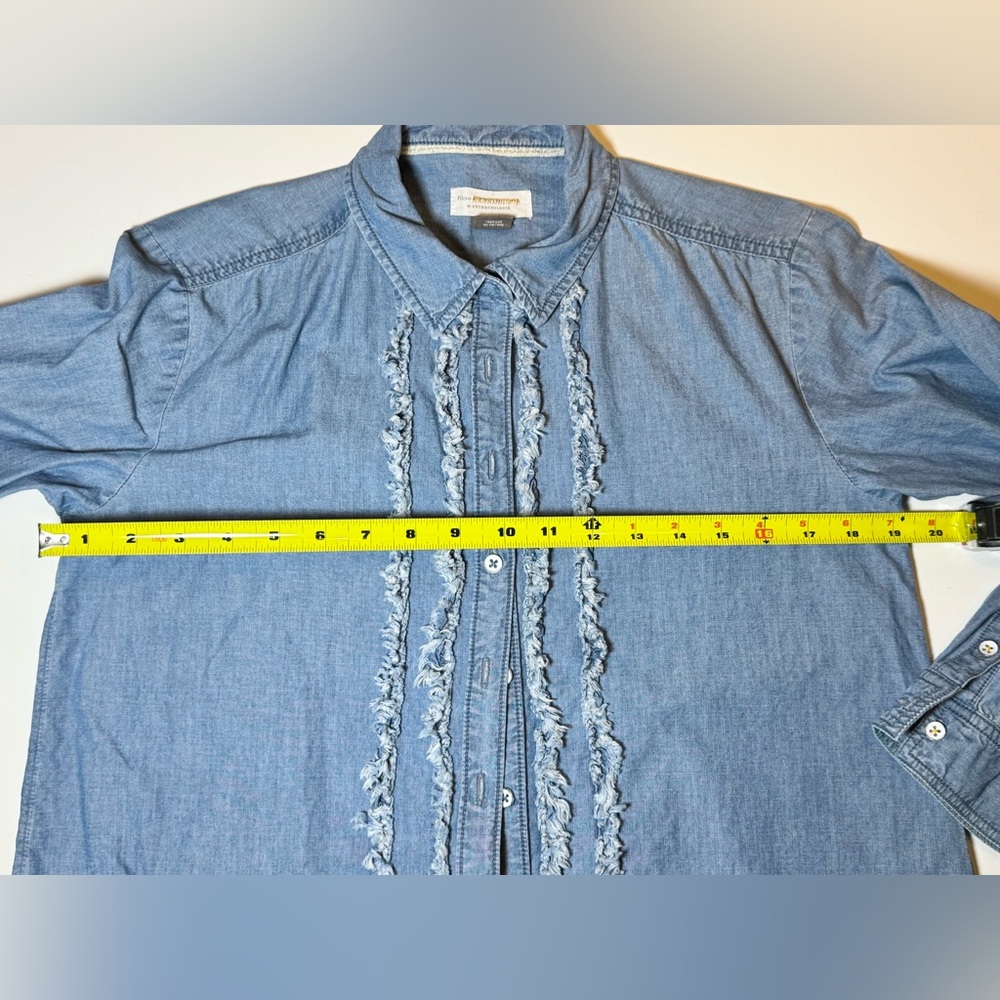 Pilcro by Anthropologie Juni Ruffled Denim Button Down Petite Small 3/4 Sleeve - Picture 9 of 13